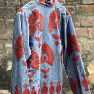 Womens Light Blue Velvet Embroidered Jacket with Floral Design