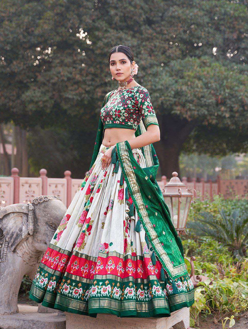Women's Patola Print Tussar Silk Lehenga Choli Dupatta Set - Image 8