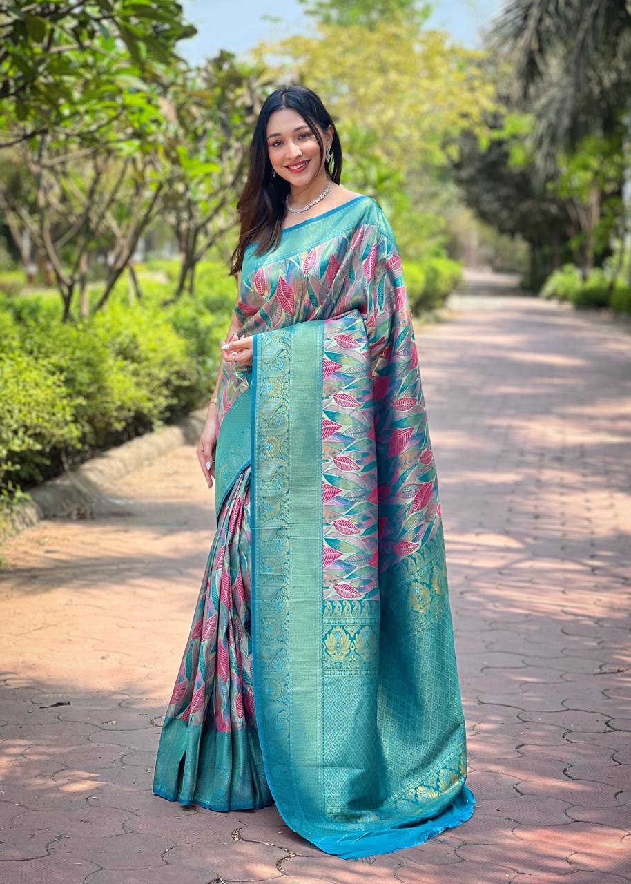 Women's Luxurious Pista Green & Pink Art Silk Saree with Intricate Leaf Weave & Broad Zari Border β Ideal for Festive & Wedding Occasions - Image 6