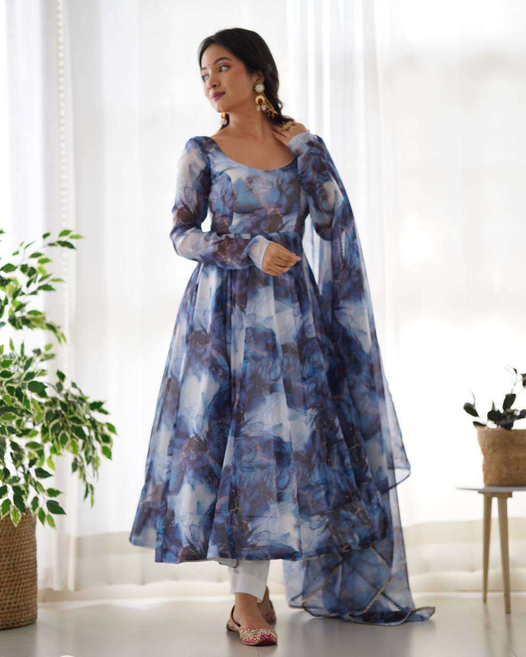 Womens Crunchy Silk Anarkali Kurti with Pant & Dupatta Set - Image 2