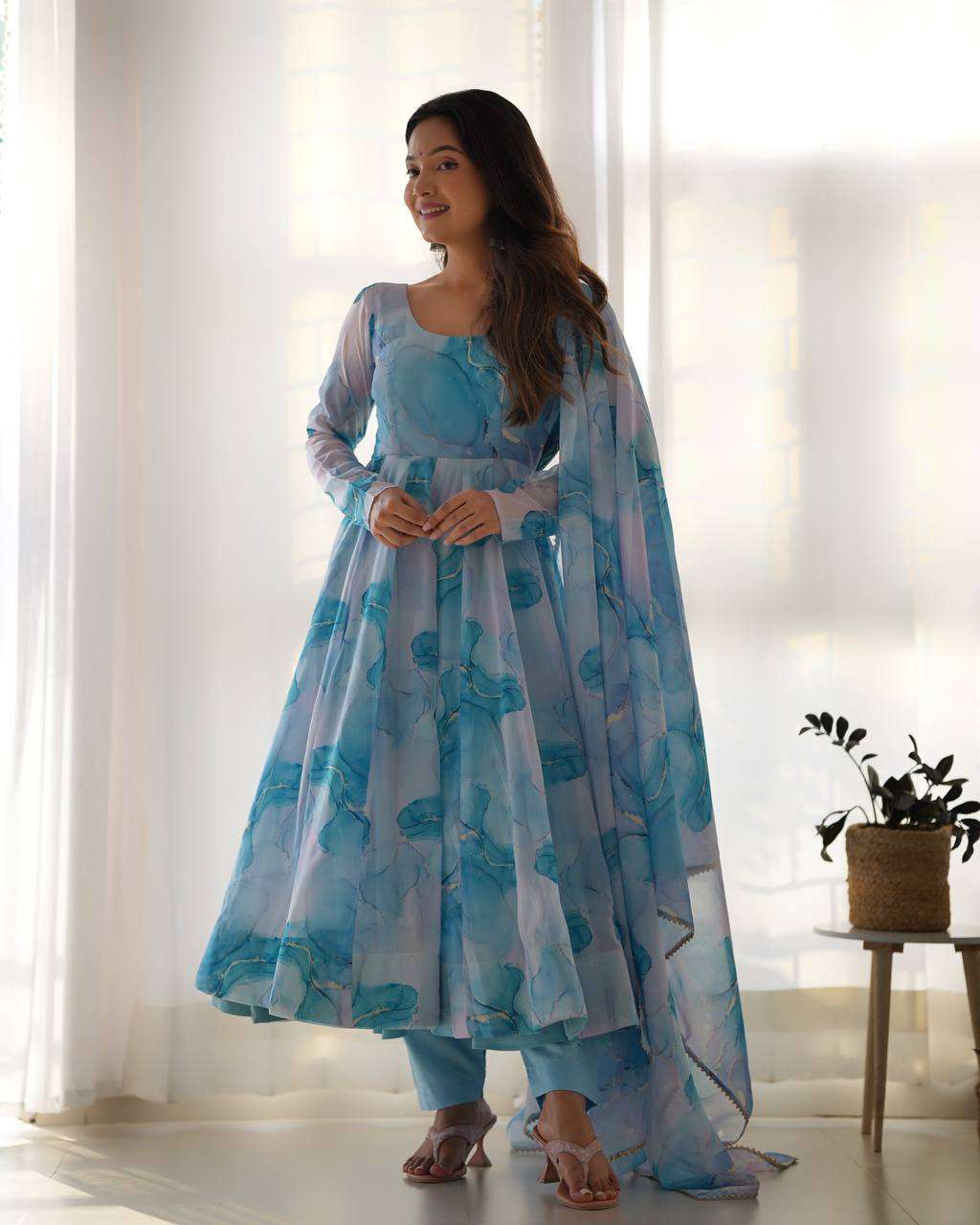 Womens Crunchy Silk Anarkali Kurti with Pant & Dupatta Set - Image 2