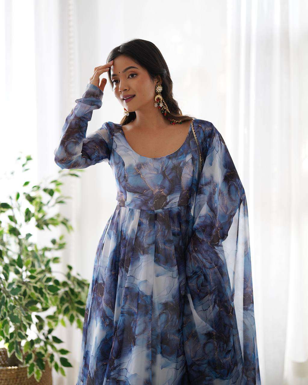 Womens Crunchy Silk Anarkali Kurti with Pant & Dupatta Set - Image 7