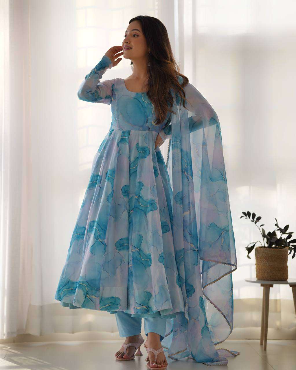 Womens Crunchy Silk Anarkali Kurti with Pant & Dupatta Set