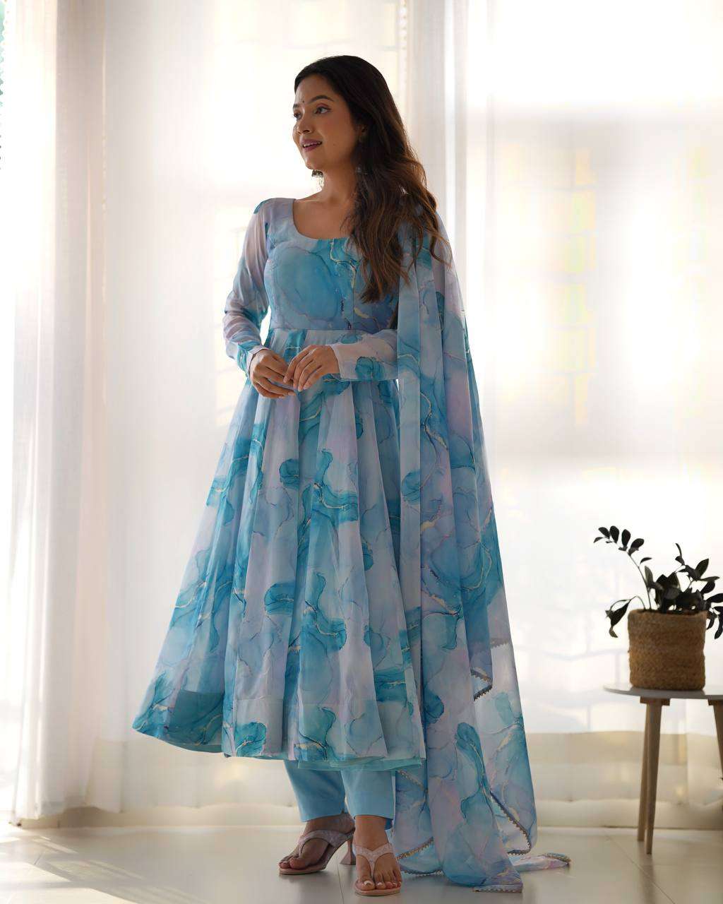 Womens Crunchy Silk Anarkali Kurti with Pant & Dupatta Set - Image 6