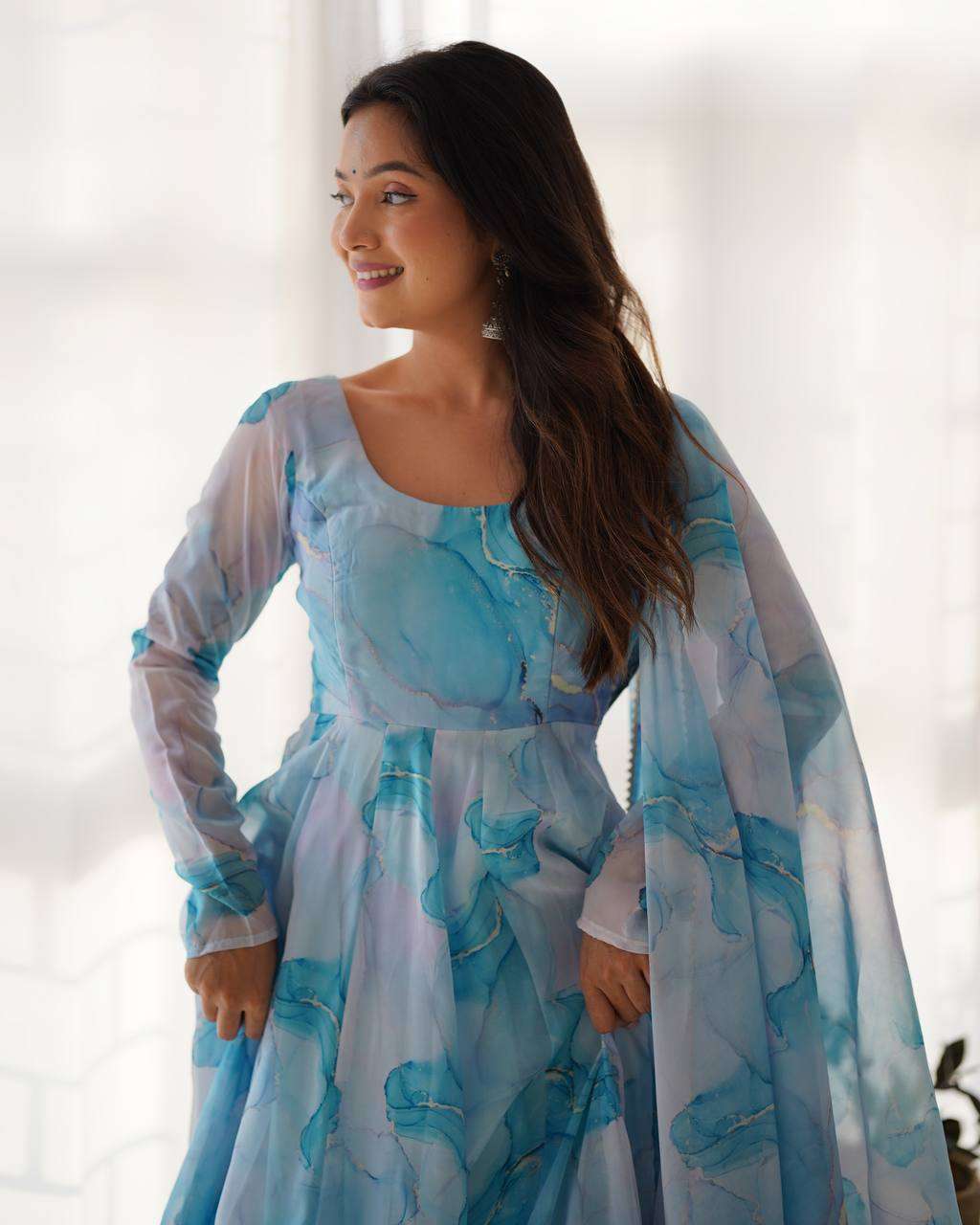 Womens Crunchy Silk Anarkali Kurti with Pant & Dupatta Set - Image 7