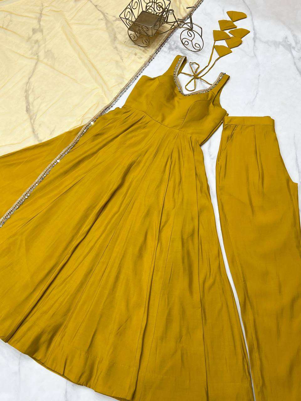 Womens Pure Romansilk Chanderi Anarkali Kurti with Pant & Dupatta Set - Image 6