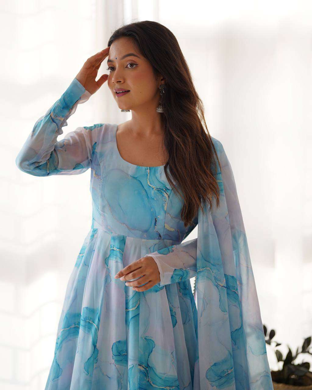 Womens Crunchy Silk Anarkali Kurti with Pant & Dupatta Set - Image 4