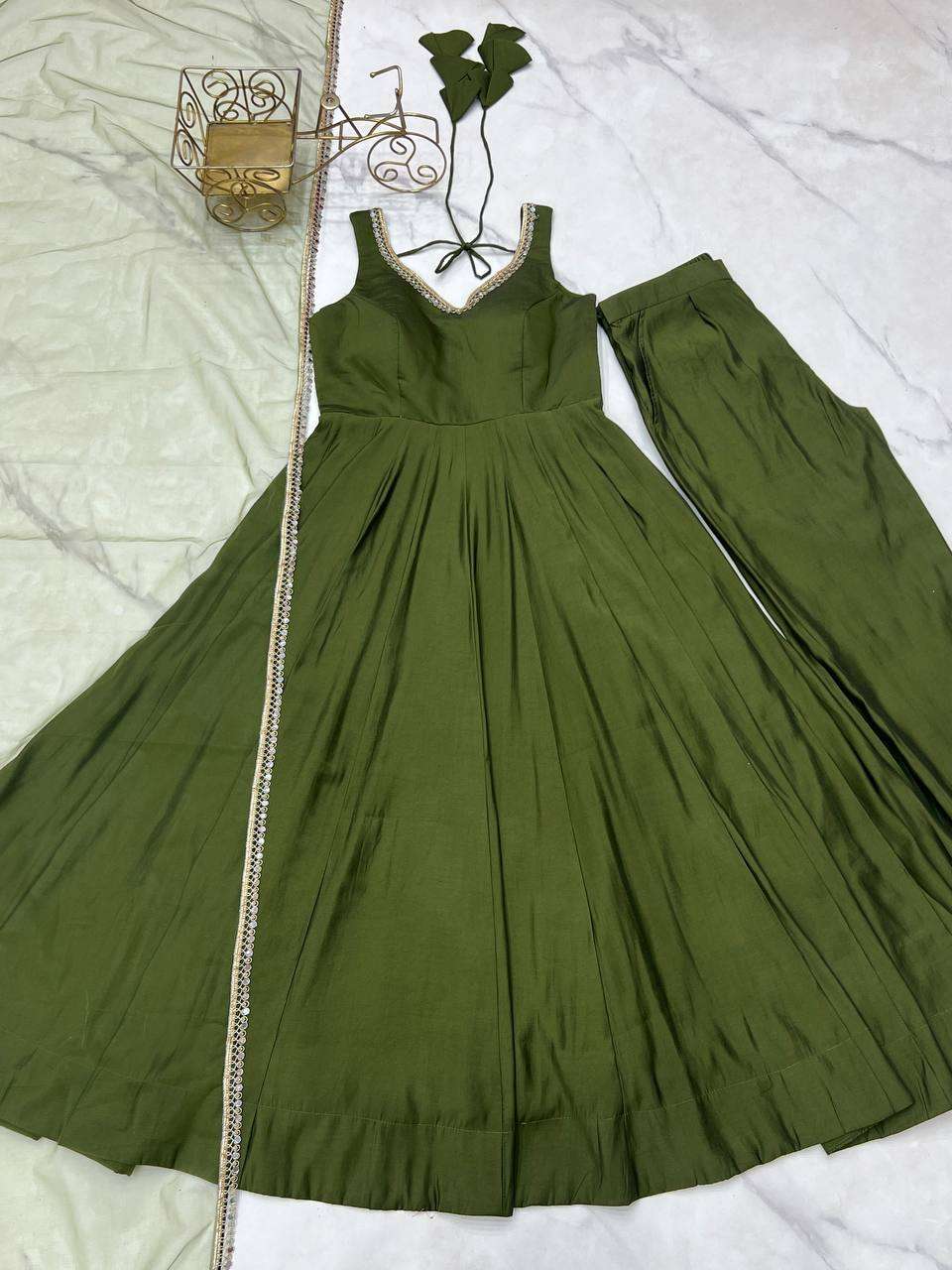 Womens Pure Romansilk Chanderi Anarkali Kurti with Pant & Dupatta Set - Image 2