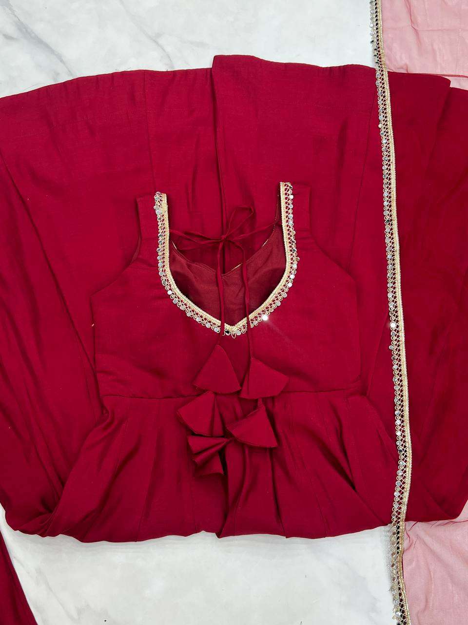 Womens Pure Romansilk Chanderi Anarkali Kurti with Pant & Dupatta Set - Image 3